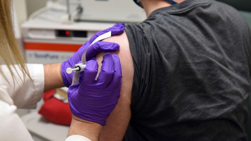 PHOTO: This May 4, 2020, file photo provided by the University of Maryland School of Medicine shows the first patient enrolled in Pfizer/BioNTech's COVID-19 vaccine clinical trial at the University of Maryland School of Medicine in Baltimore, Maryland.
