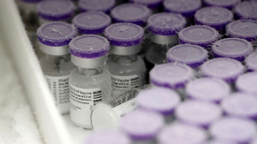 PHOTO: Vials of the Pfizer-BioNTech COVID-19 vaccine are seen in an ultra-low temperature freezer at the hospital in Le Mans, as part of the COVID-19 vaccination campaign in France, Jan. 14, 2021.