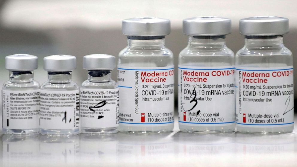 PHOTO: Vials of Pfizer-BioNTech and Moderna vaccines are seen in the town of Ricany near Prague, Czech Republic, Feb. 25, 2021.