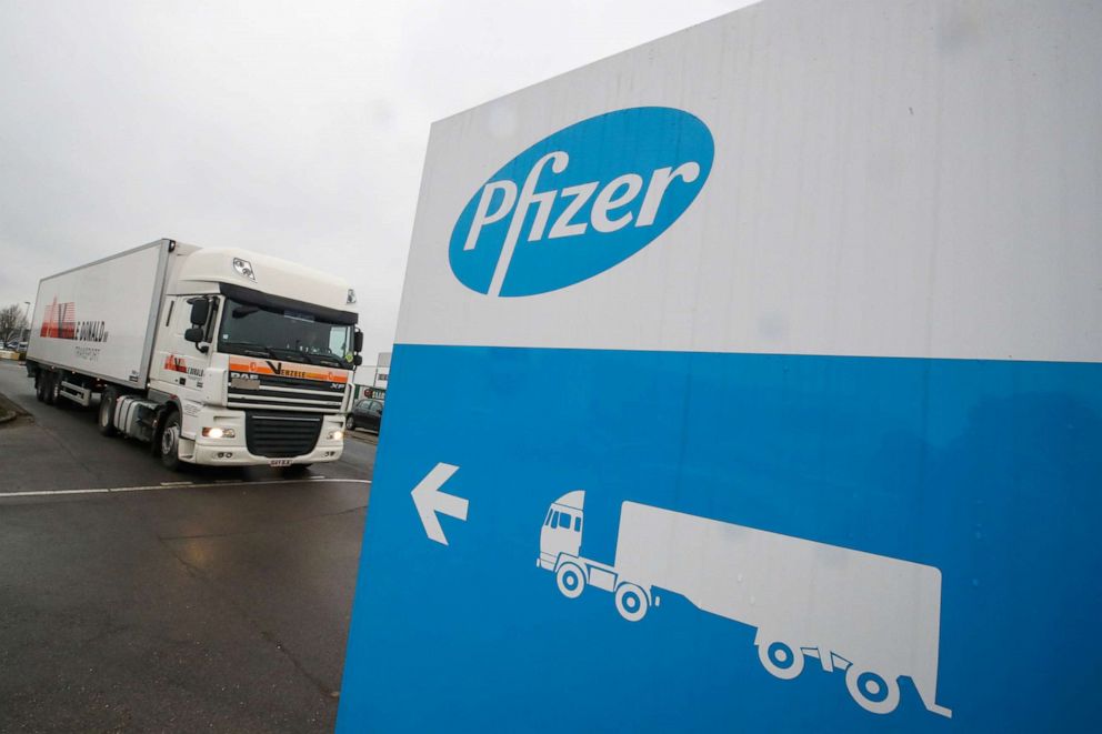 PHOTO: A refrigerated truck leaves the Pfizer plant in Puurs, Belgium, Dec. 3, 2020.