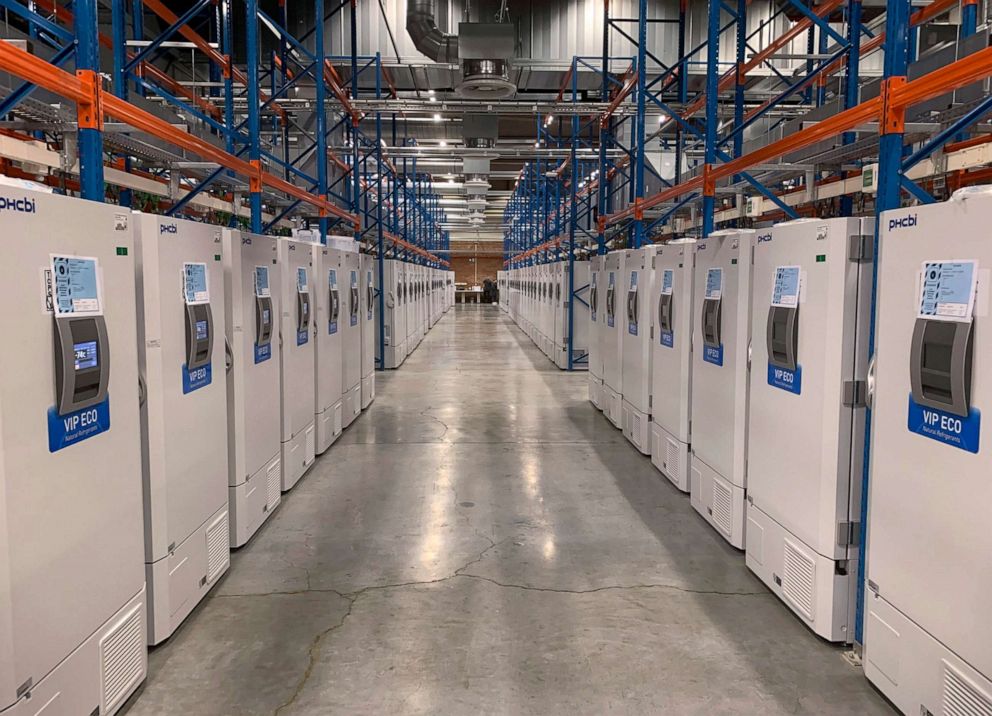 PHOTO: This handout photo taken in Oct. 2020, and provided by Pfizer shows part of a "freezer farm," a football field-sized facility for storing finished COVID-19 vaccines, in Puurs, Belgium.