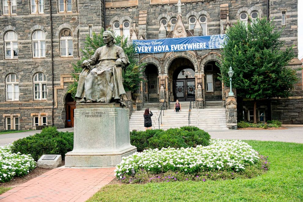 PHOTO: A statue of John Carroll stands on the campus of Georgetown University, Washington, Sept. 05, 2021.