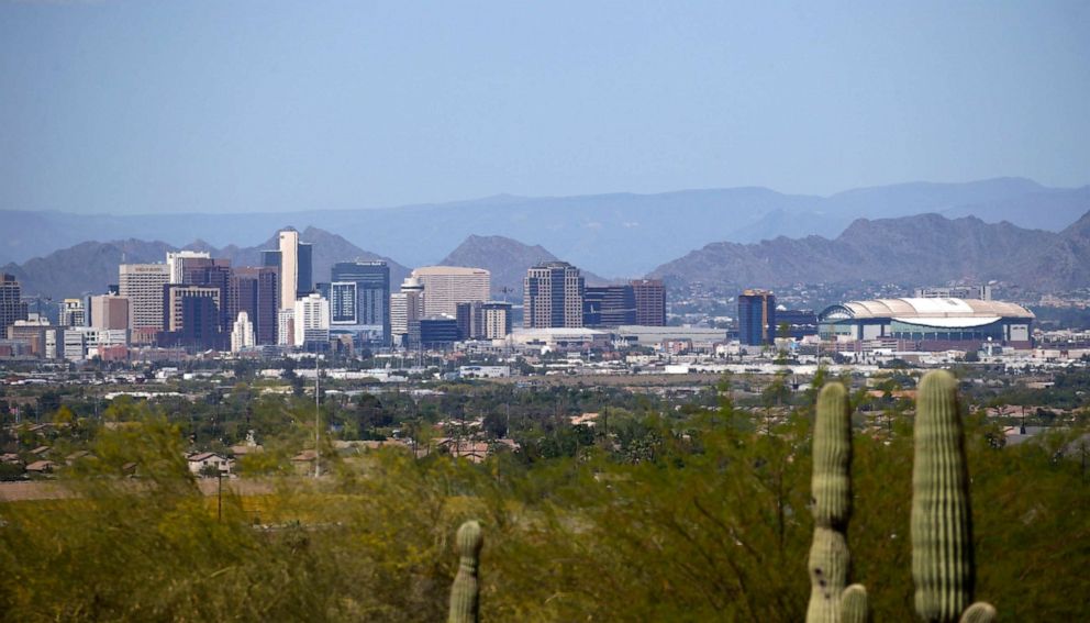 PHOTO: The downtown Phoenix skyline is easier to see, April 7, 2020, as fewer motorists in Arizona are driving, following the state stay-at-home order due to the coronavirus, and it appears to be improving the air quality.