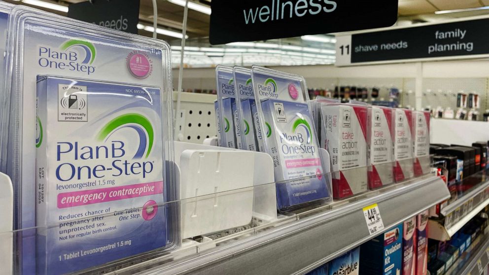 PHOTO: Plan-B emergency contraceptive is diplayed on the self in a drug store in Annapolis, Md., July 6, 2022. 
