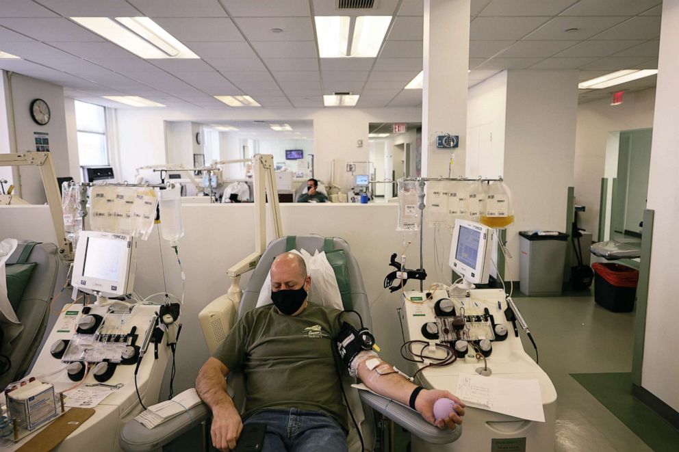 PHOTO: Peter Yaverbaum donates blood at a New York Blood Center, Dec. 2, 2020, in New York.