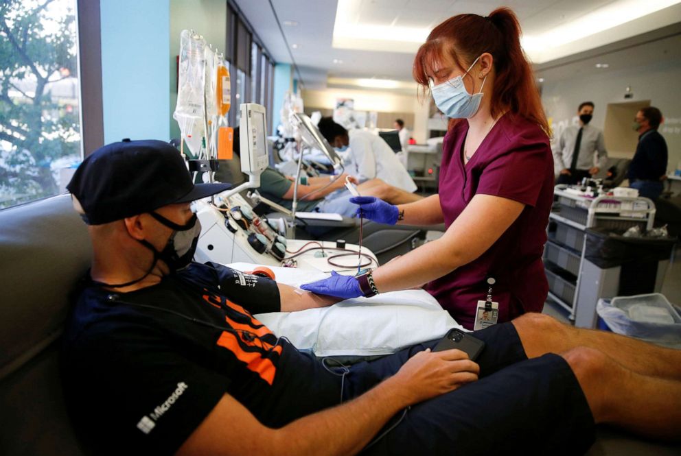 PHOTO: Recovered coronavirus patient John Walters is attended to by blood collection specialist Kathryn Severson after donating convalescent plasma during the coronavirus outbreak in Seattle, Sept. 2, 2020.
