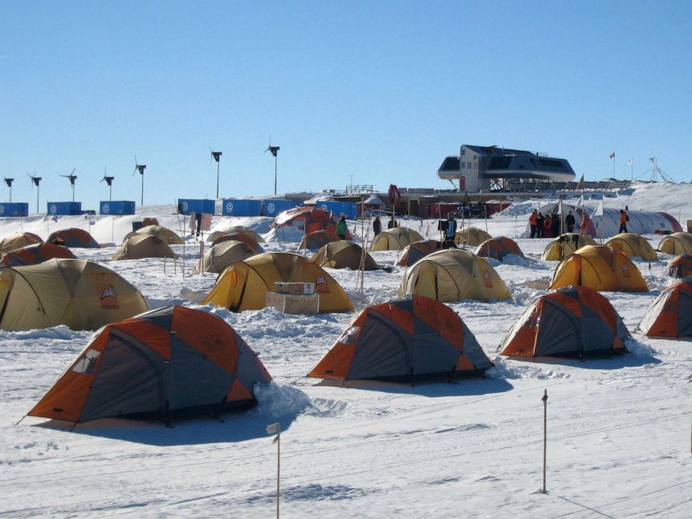 PHOTO: Tents, where scientist sleep, are set up in front of the Belgian Princess Elisabeth polar station in Usteinen, Antarctica, Feb. 15, 2009.