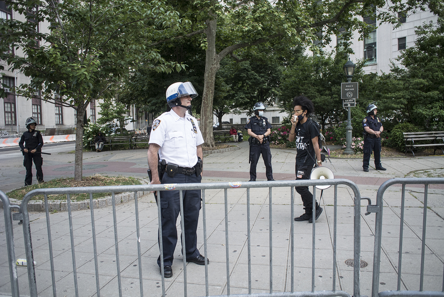 PHOTO: Police officers are shown on June 15, 2020, during a Black Lives Matter Protest near NYPD headquarters in New York.