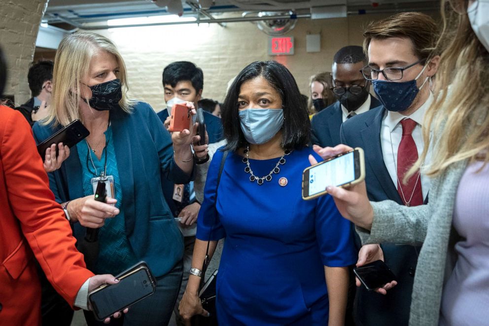 PHOTO: Rep. Pramila Jayapal talks with reporters as she leaves a meeting with President Joe Biden and House Democrats at the U.S. Capitol, on Oct. 28, 2021 in Washington, D.C.