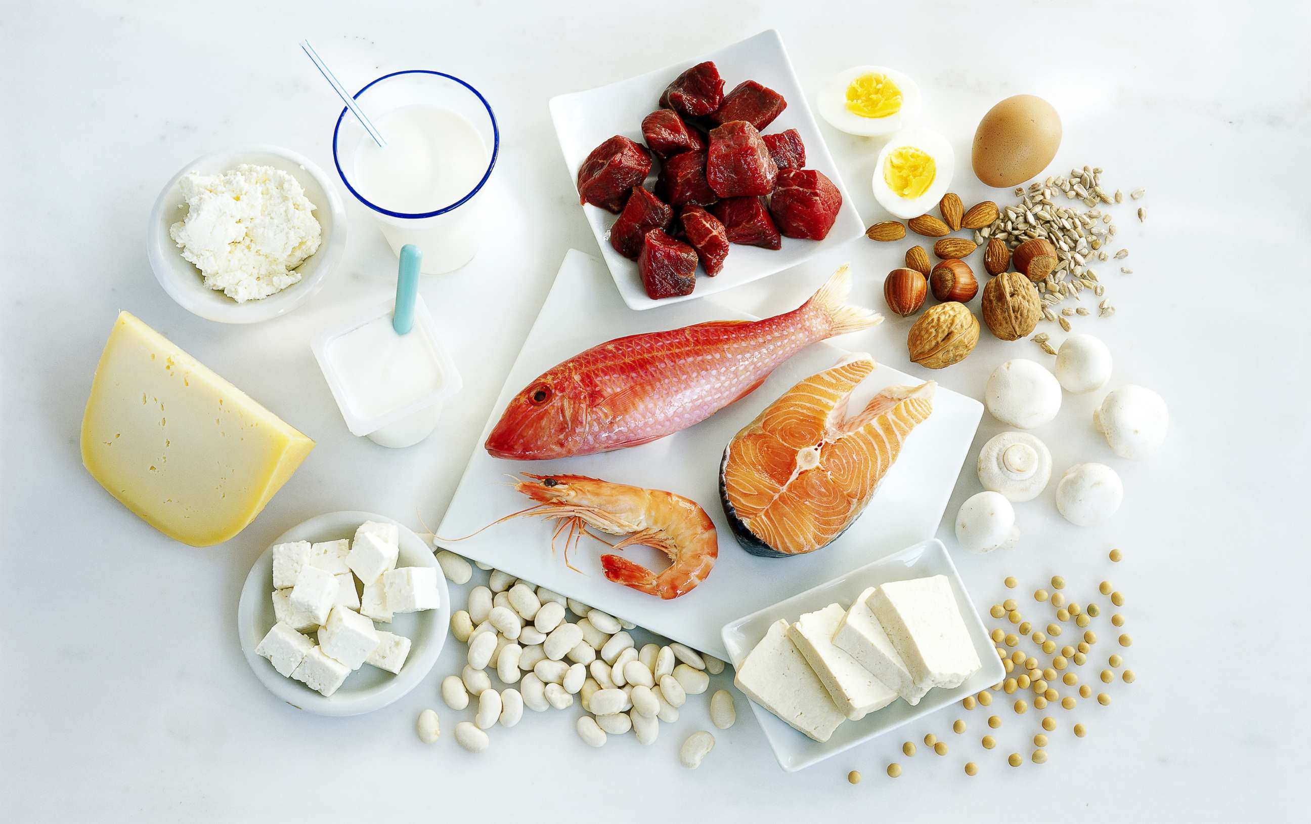PHOTO: Protein-rich foods are displayed on a counter.