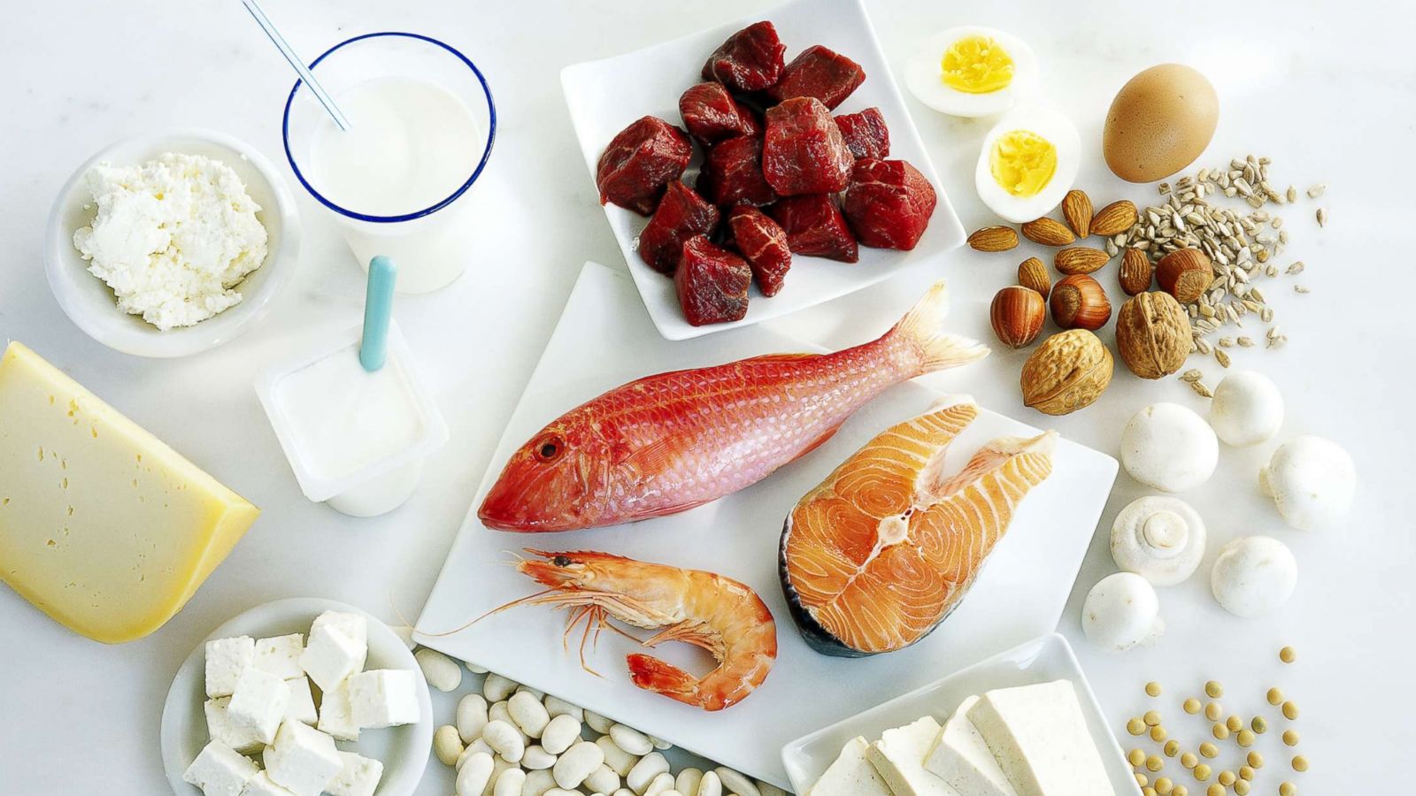 PHOTO: Protein-rich foods are displayed on a counter.