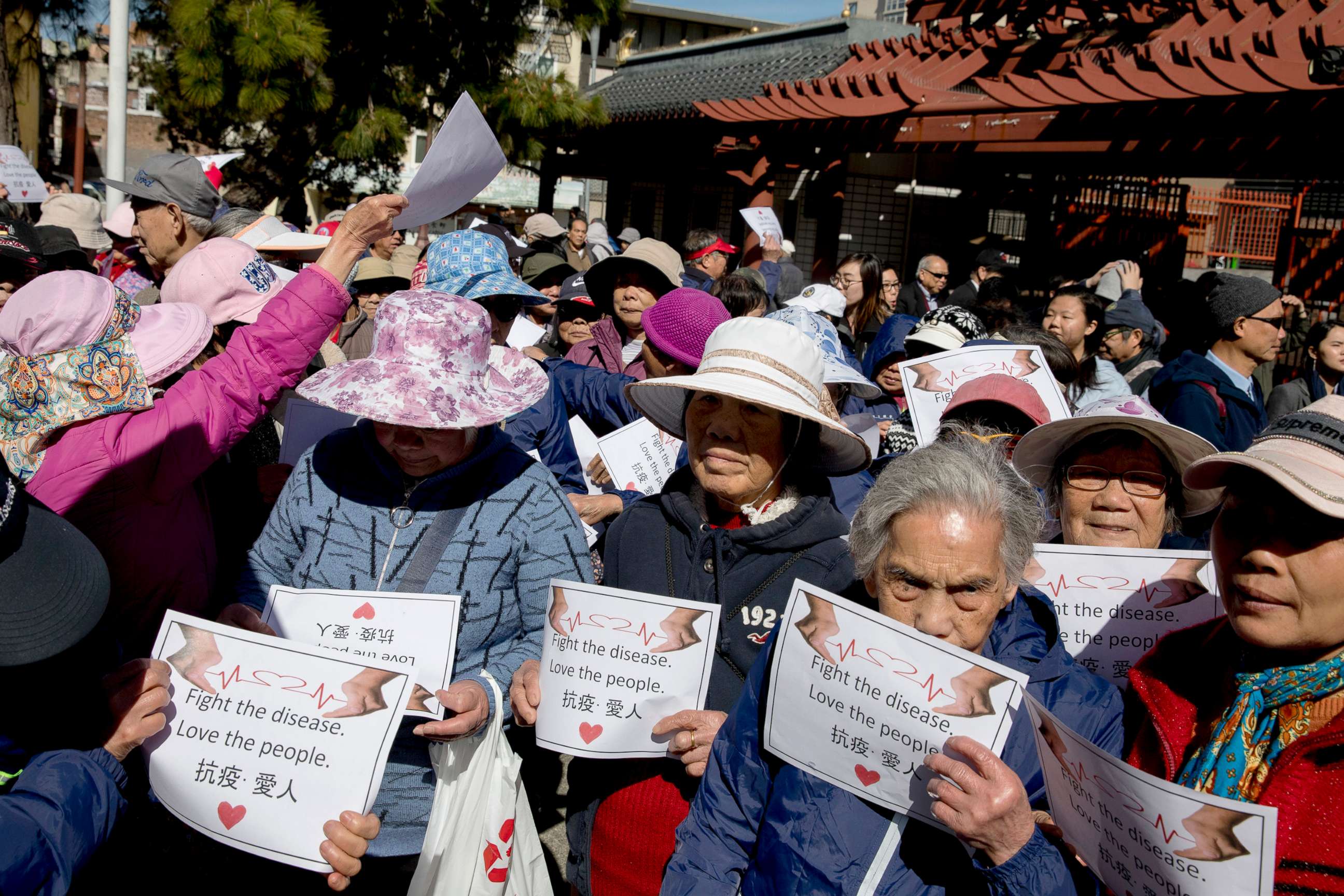 PHOTO: Residents gather  to protest against racism in the Chinese community during a rally held at Portsmouth Square in the Chinatown neighborhood of San Francisco, Feb. 29, 2020. 