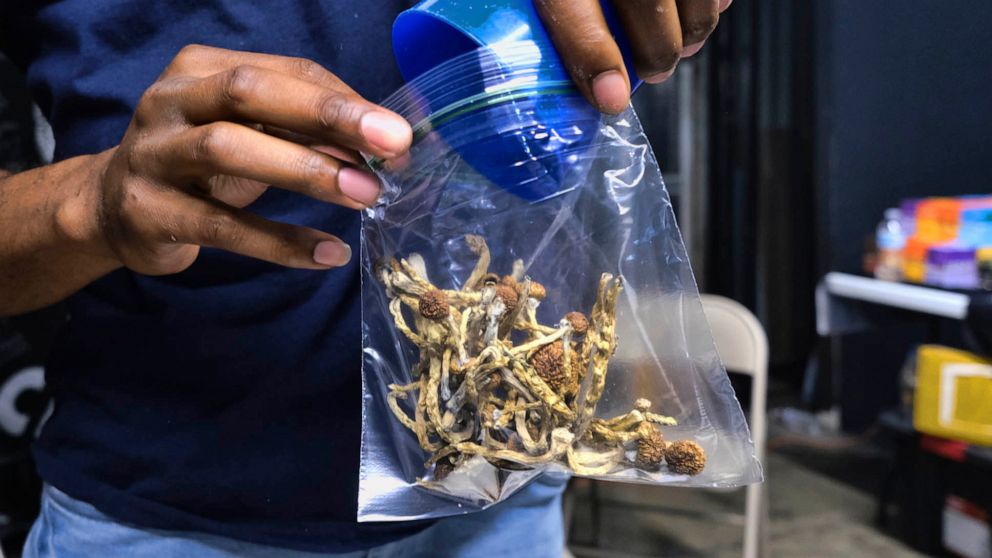 PHOTO: In this May 24, 2019, file photo, a vendor bag of psilocybin mushrooms is shown at a cannabis marketplace in Los Angeles.