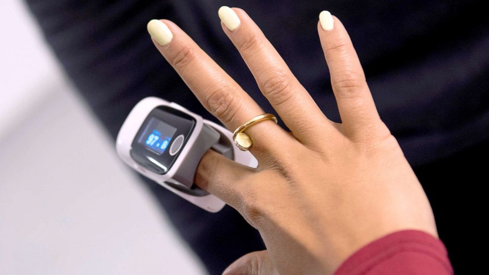 PHOTO: A woman wears a finger pulse oximeter during altitude training, Jan. 22, 2019, in London.