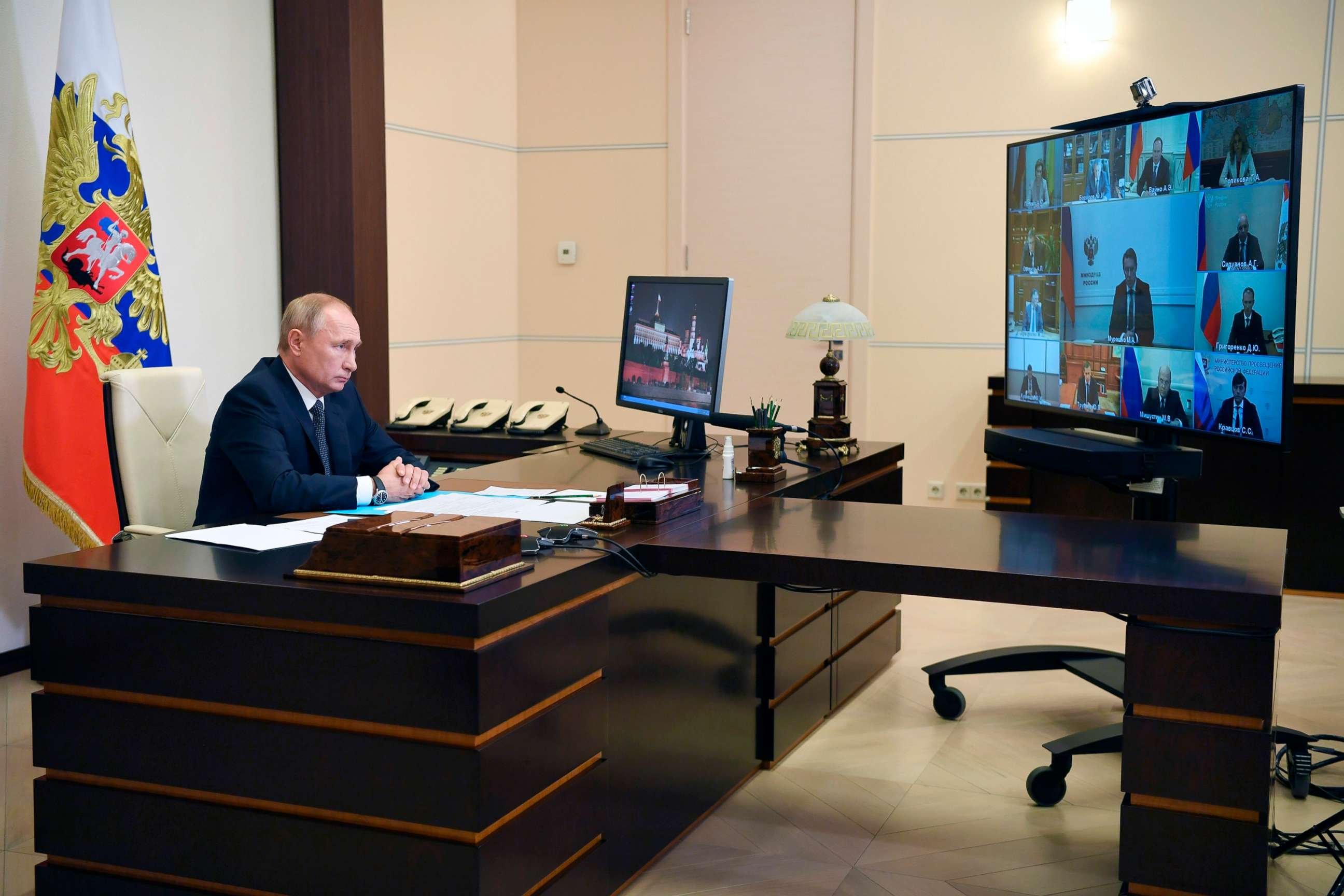 PHOTO: Russian President Vladimir Putin attends a cabinet meeting at the Novo-Ogaryovo residence outside Moscow, Aug. 11, 2020. 