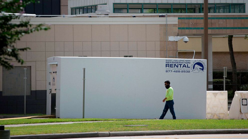 PHOTO: A refrigerated trailer sits outside of HCA Houston Healthcare Northwest on July 17, 2020. Texas officials have requested refrigerated trucks as morgues near capacity due to coronavirus-related deaths.
