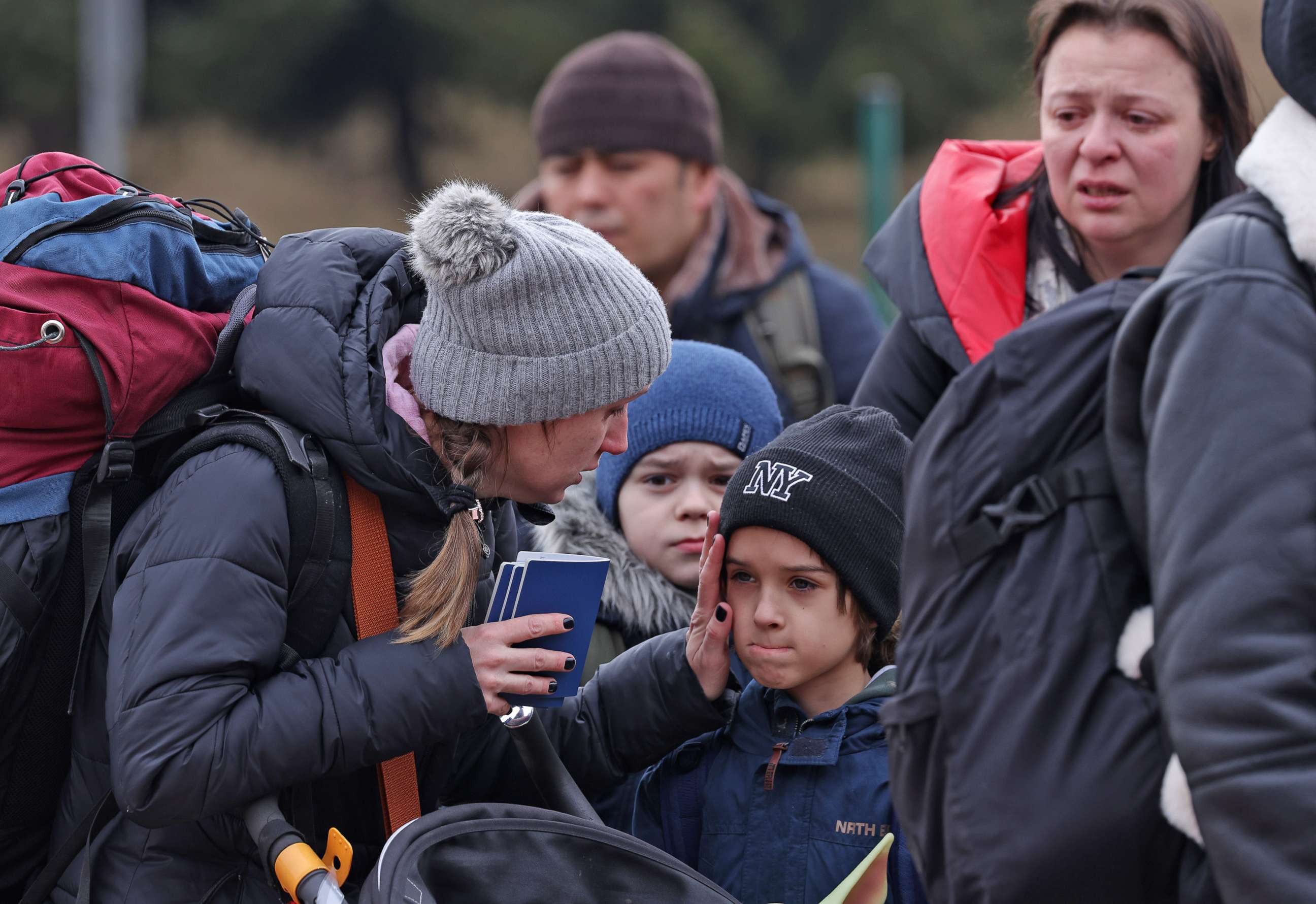 PHOTO: Families fleeing war-torn Ukraine wait to cross into Poland at the Korczowa crossing on March 2, 2022 near Korczowa, Poland.