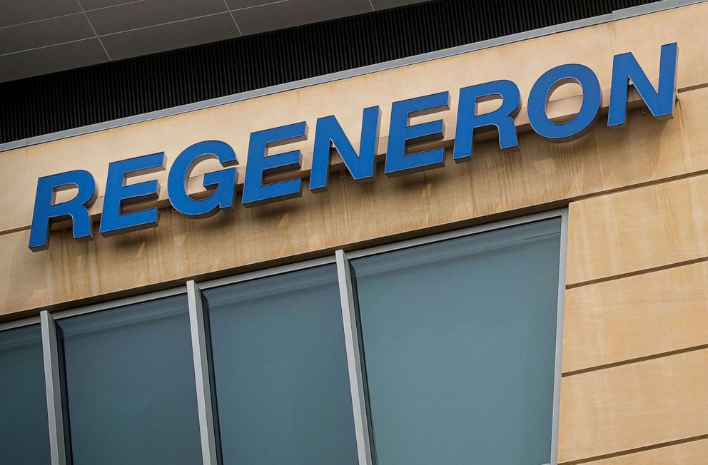 PHOTO: The Regeneron Pharmaceuticals company logo is seen on a building at the company's Westchester campus in Tarrytown, N.Y., on Sept. 17, 2020.