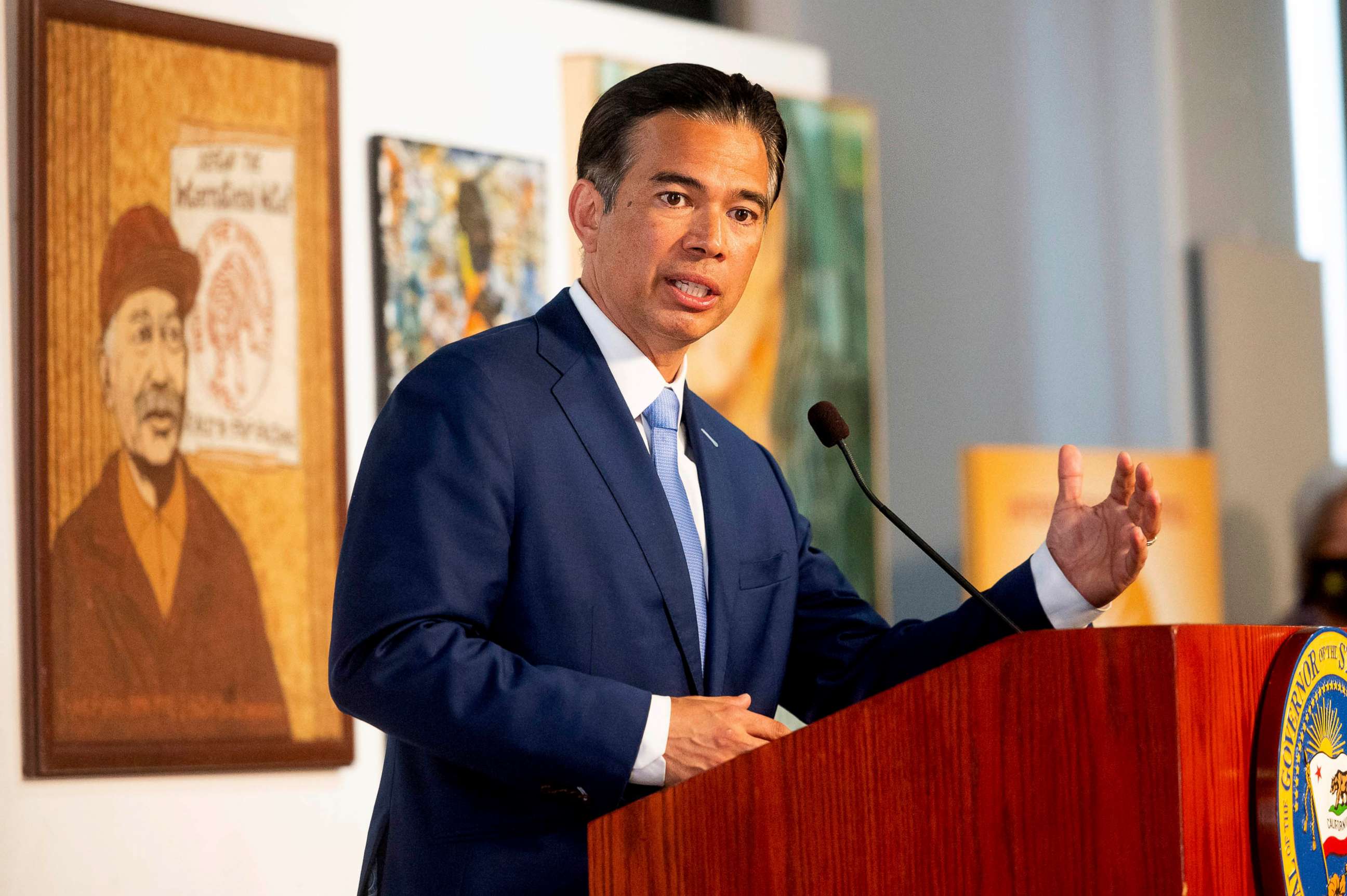 PHOTO: In this March 24, 2021, file photo, California Assemblyman Rob Bonta speaks during a news conference shortly after California Gov. Gavin Newsom announced his nomination for state's attorney general in San Francisco.