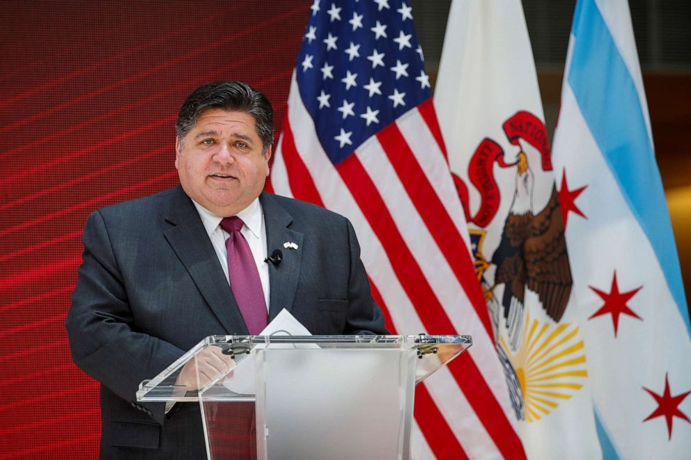 PHOTO: In this file photo, Governor of Illinois Jay Robert Pritzker speaks at the University of Chicago on July 23, 2020, in Chicago.