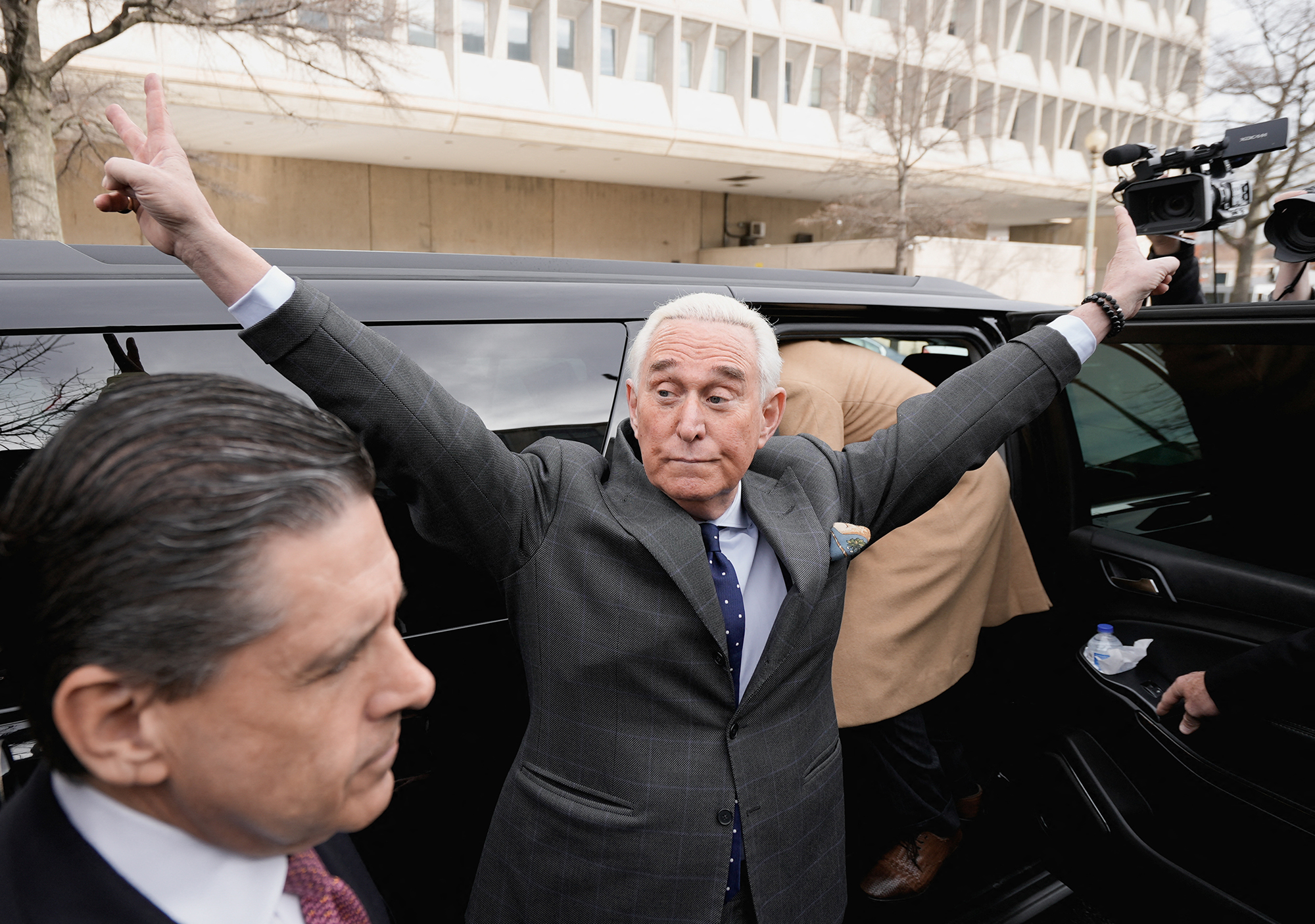 PHOTO: Former  President Donald Trump campaign advisor Roger Stone gestures as he leave following his deposition before the House Select Committee investigating the January 6 attack on the U.S. Capitol, in Washington, , Dec. 17, 2021. 