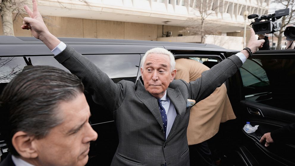 PHOTO: Former  President Donald Trump campaign advisor Roger Stone gestures as he leave following his deposition before the House Select Committee investigating the January 6 attack on the U.S. Capitol, in Washington, , Dec. 17, 2021. 