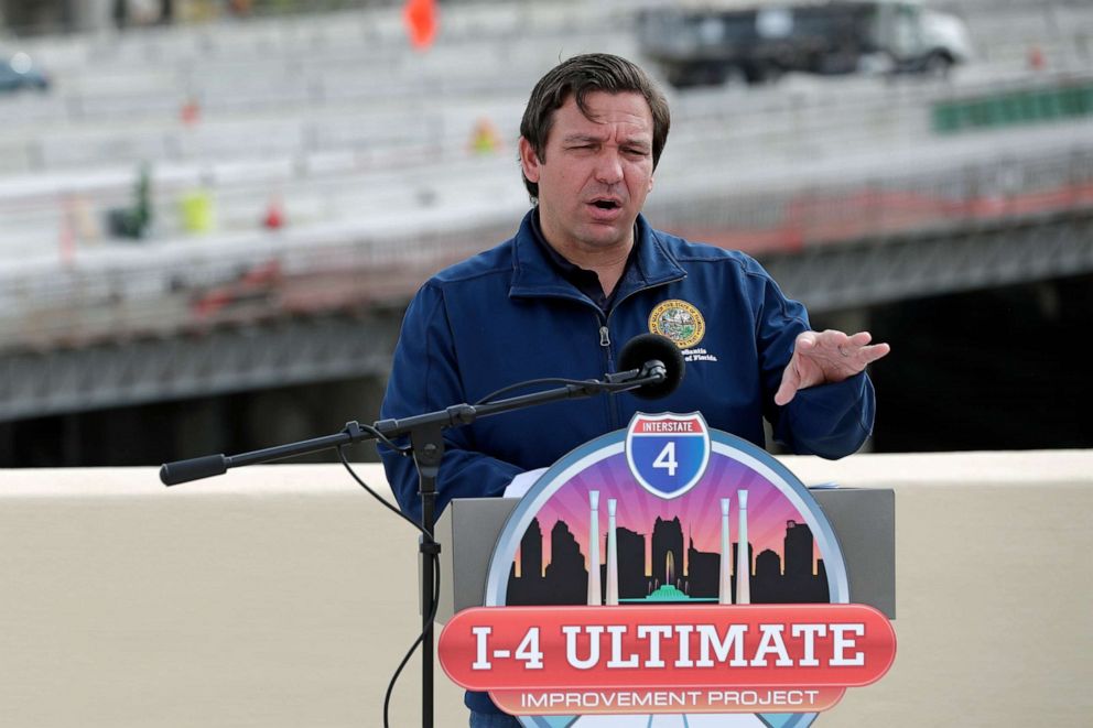 PHOTO: Florida Gov. Ron DeSantis speaks at a news conference, May 18, 2020, in Orlando, Fla.