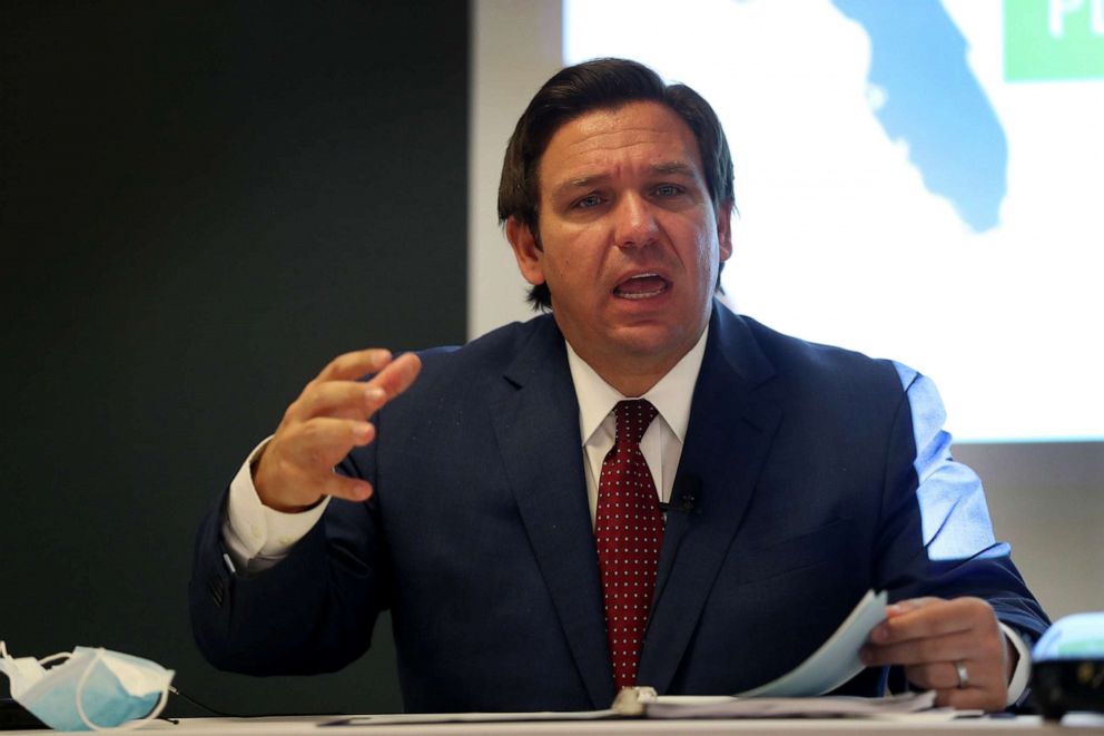 PHOTO: Florida Governor Ron DeSantis speaks during a press conference about the coronavirus held at the Pan American Hospital on July 07, 2020 in Miami.