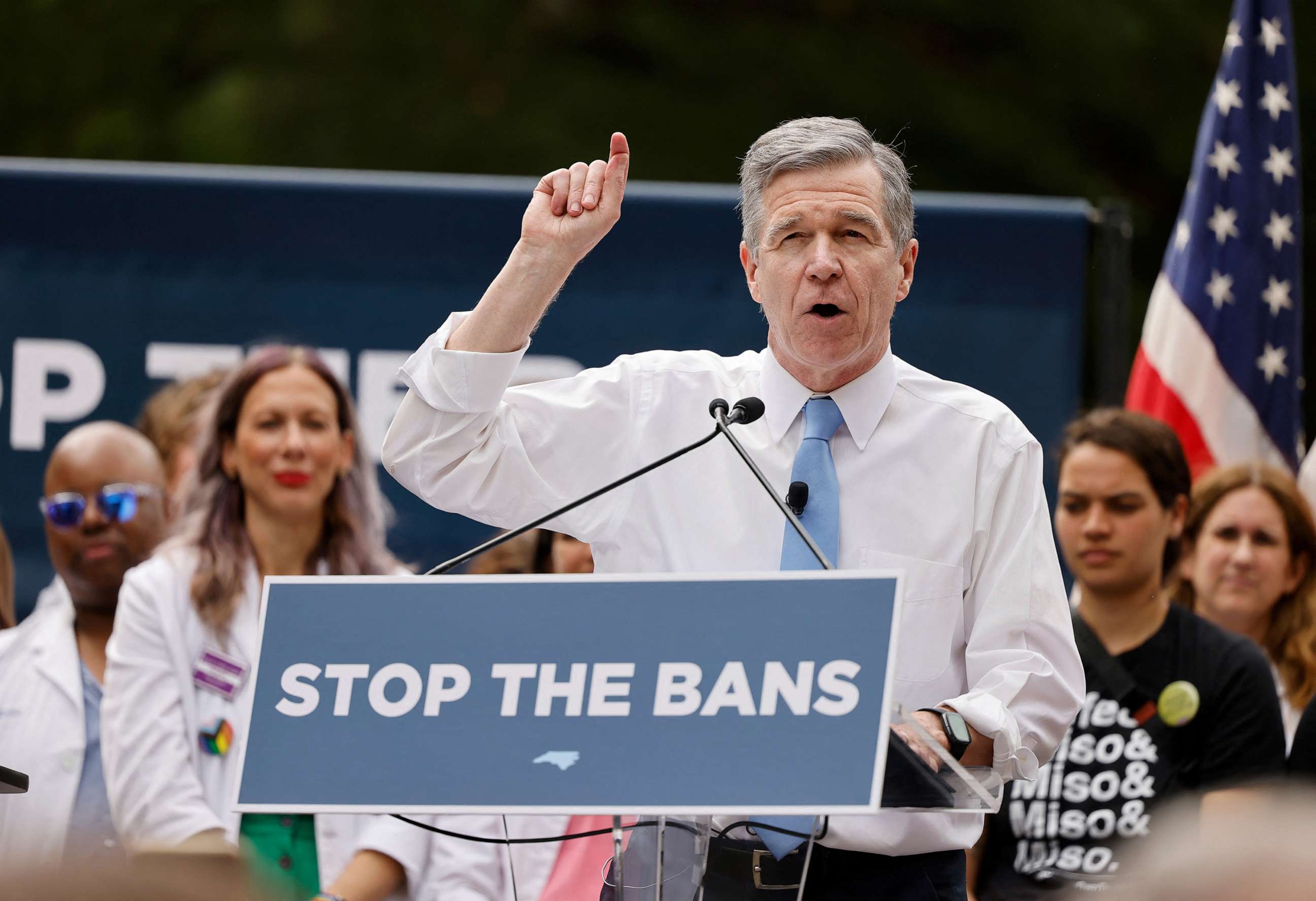 PHOTO: North Carolina Governor Roy Cooper speaks to abortion rights supporters shortly before vetoing the SB20 legislation limiting most abortions to the first trimester of pregnancy, May 13, 2023, in Raleigh, N.C.