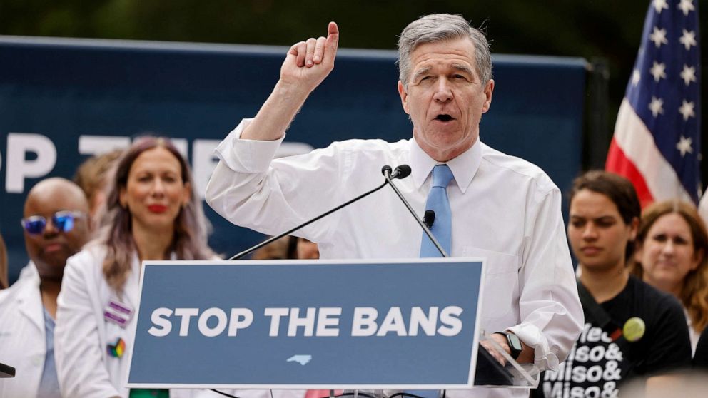 PHOTO: North Carolina Governor Roy Cooper speaks to abortion rights supporters shortly before vetoing the SB20 legislation limiting most abortions to the first trimester of pregnancy, May 13, 2023, in Raleigh, N.C.