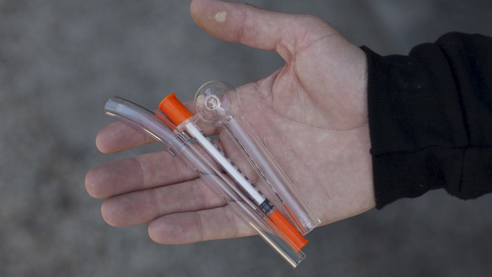 PHOTO: A pipe for crack cocaine use, a needle for heroin use, and a pipe for methamphetamine use are shown at the People's Harm Reduction Alliance, the nation's largest needle-exchange program, in Seattle, Washington, April 30, 2015. 