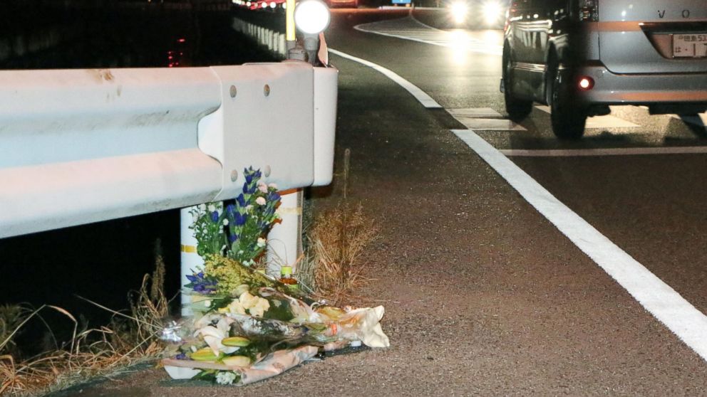PHOTO: Flowers are laid near the scene where a pedestrian was killed after being hit by a driver playing "Pokemon Go" while driving in Tokushima, Japan, Aug. 24, 2016.