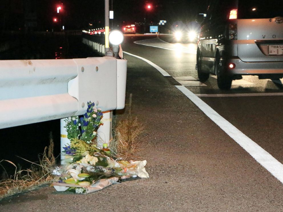 PHOTO: Flowers are laid near the scene where a pedestrian was killed after being hit by a driver playing Pokemon Go while driving in Tokushima, Japan, Aug. 24, 2016.