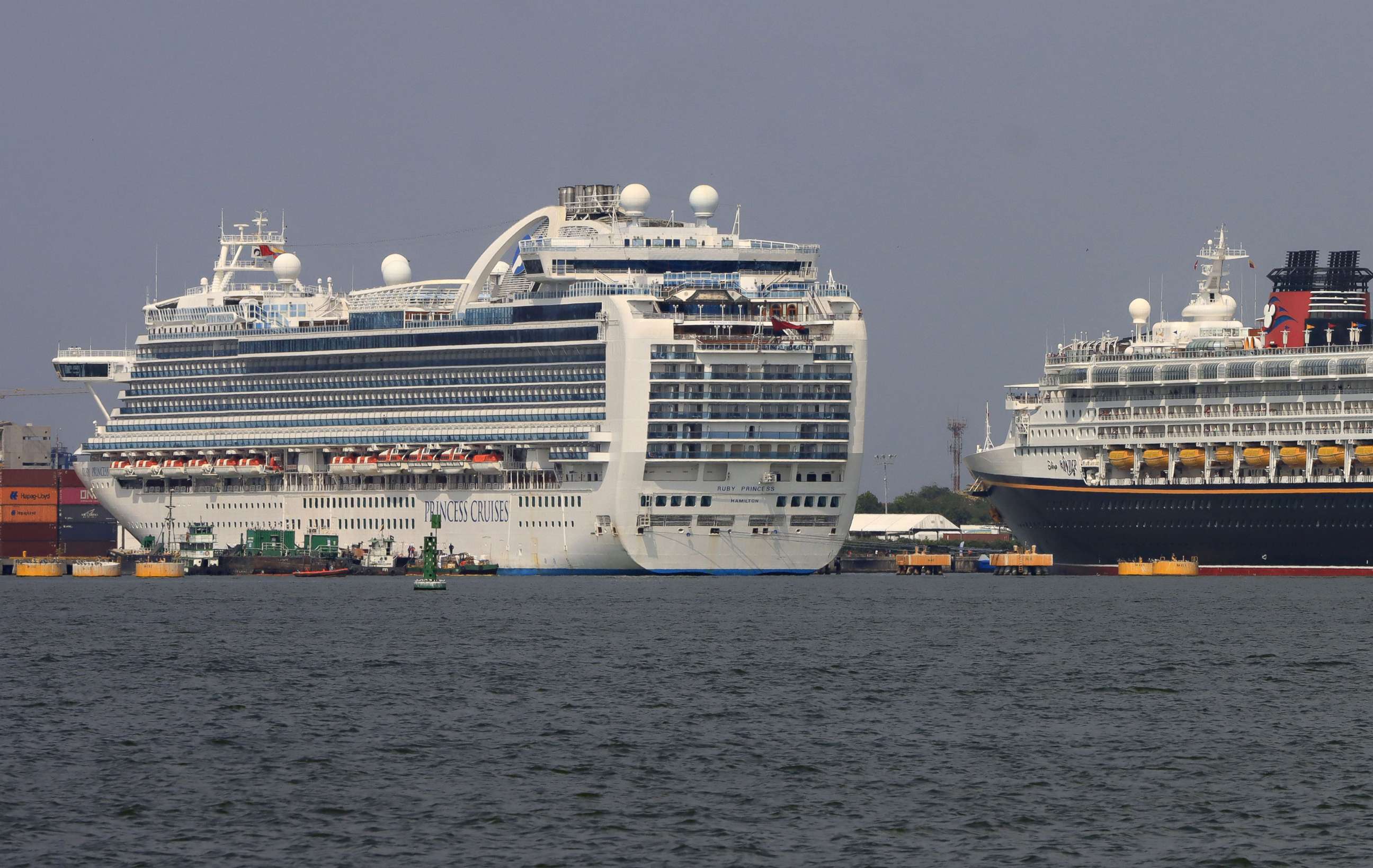 PHOTO: The Ruby Princess of the Princess Cruises line is seen, left in the tourist port of Cartagena de Indias, department of Bolivar, Colombia, March 9, 2022.