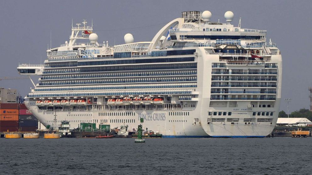 PHOTO: The Ruby Princess of the Princess Cruises line is seen, left in the tourist port of Cartagena de Indias, department of Bolivar, Colombia, March 9, 2022.