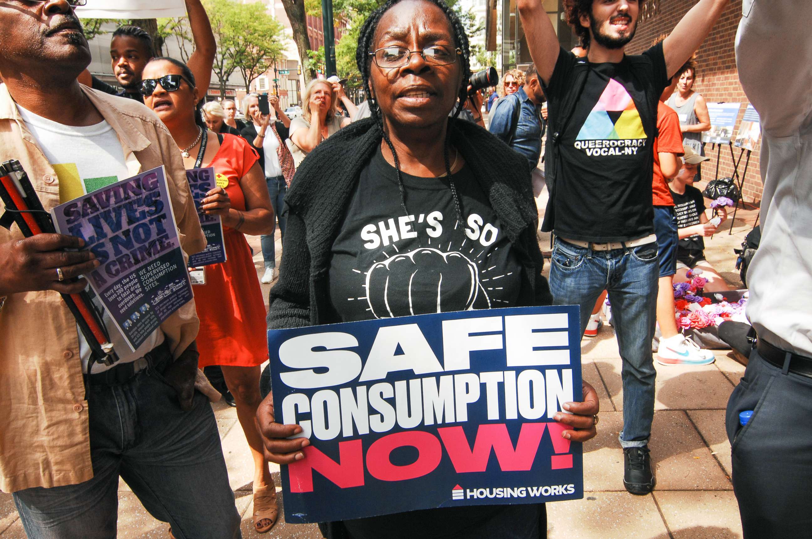 PHOTO: Advocates for safe injection sites rallied in front of the James A Byrne Federal Courthouse in Center City in Philadelphia, Pa., Sept. 5, 2019.
