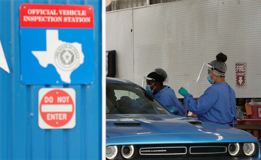 PHOTO: COVID-19 antibody testing and diagnostic testing are administered at a converted vehicle inspection station, July 7, 2020, in San Antonio, Texas.
