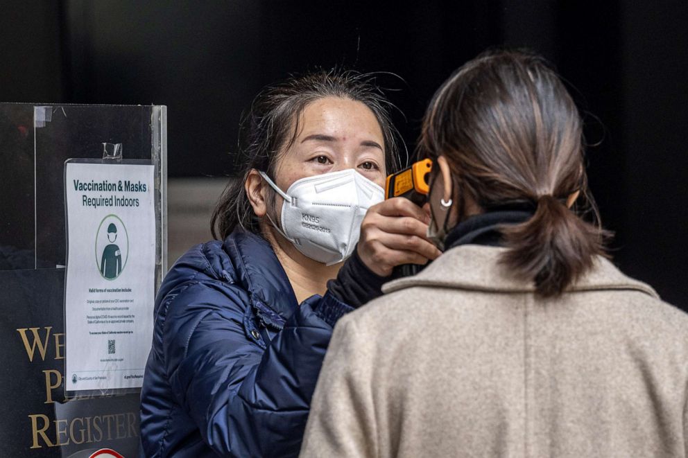 PHOTO: A restaurant worker checks the temperature of a customer in San Francisco, Jan. 4, 2022.
