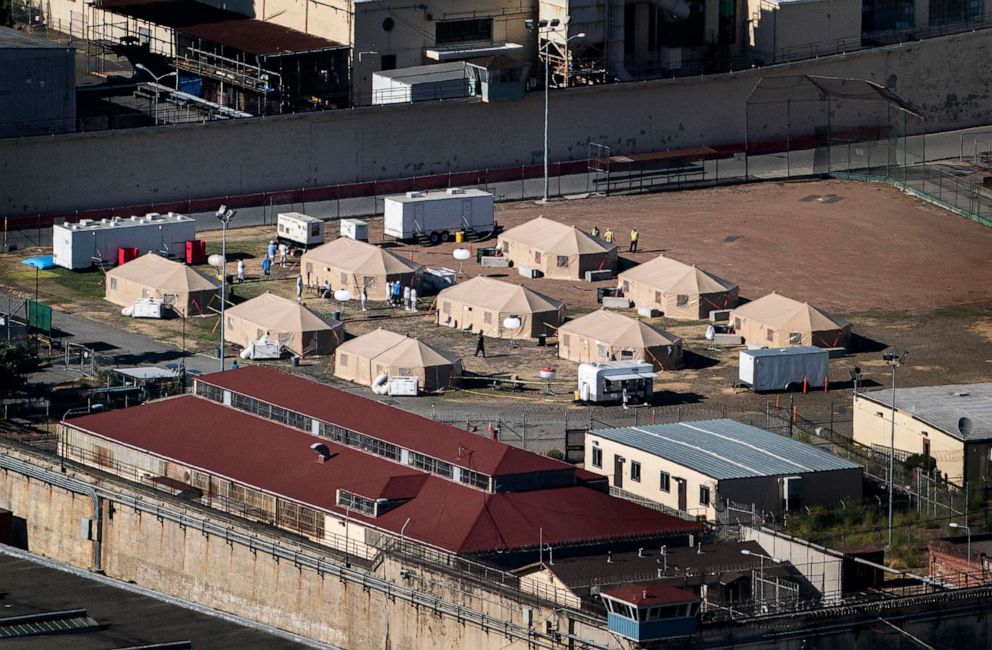PHOTO: In this July 9, 2020, file photo, medical tents are shown in a baseball field at San Quentin Prison during the COVID-19 pandemic in San Quentin, Calif.