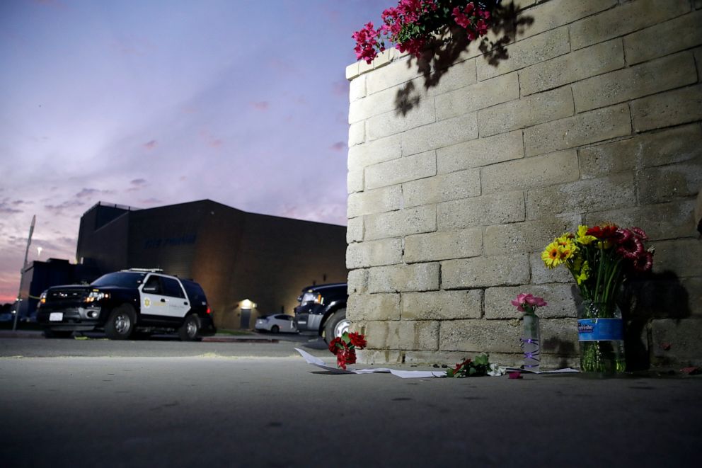 PHOTO: Flowers are placed in front of Saugus High School in the aftermath of a shooting in Santa Clarita, Calif., Nov. 14, 2019.
