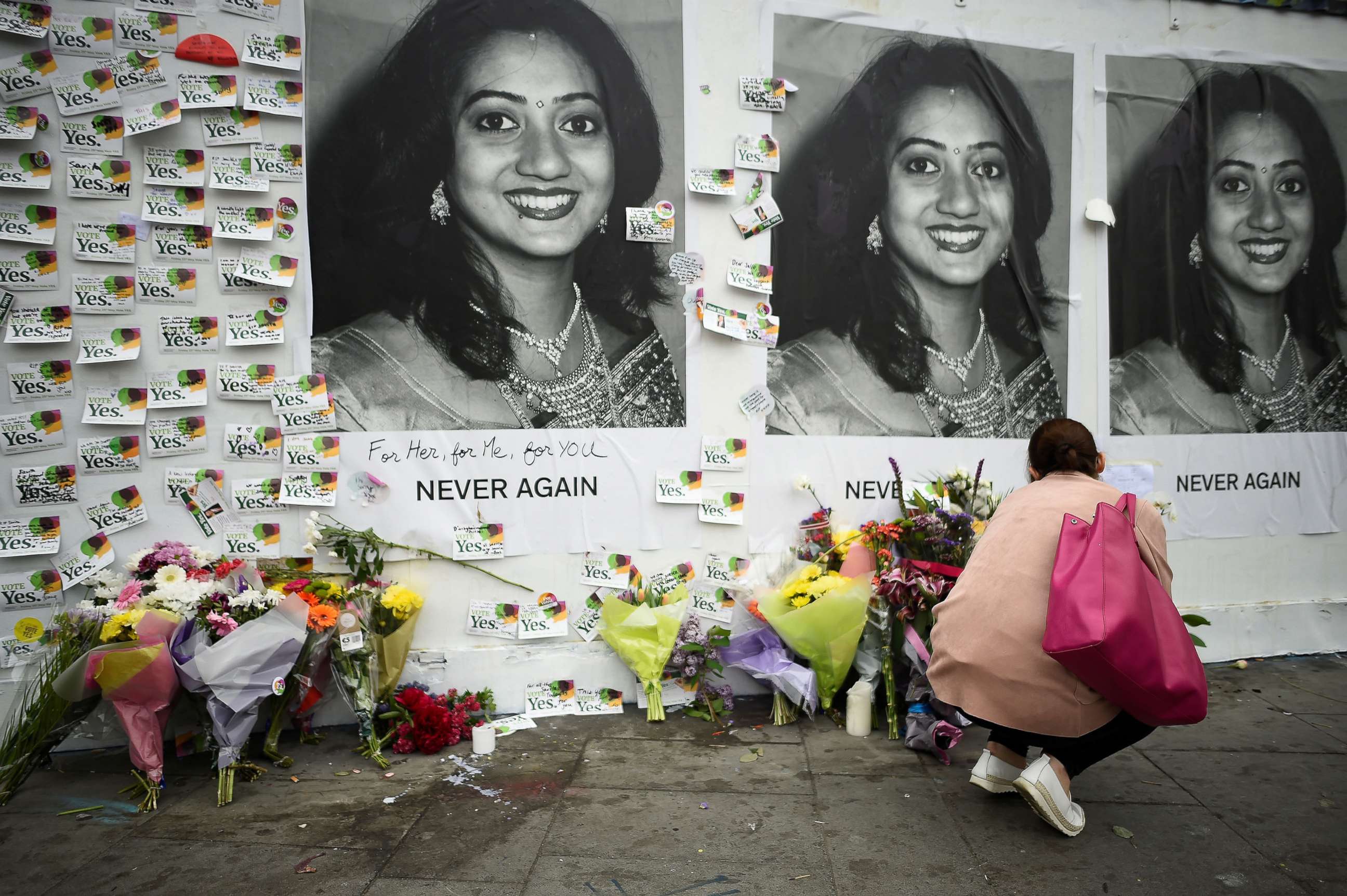 PHOTO: In this May 26, 2018, file photo, messages are left at a memorial to Savita Halappanavar a day after an Abortion Referendum to liberalize abortion laws was passed by popular vote, in Dublin, Ireland.