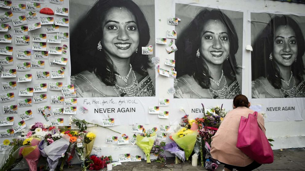 PHOTO: In this May 26, 2018, file photo, messages are left at a memorial to Savita Halappanavar a day after an Abortion Referendum to liberalize abortion laws was passed by popular vote, in Dublin, Ireland.