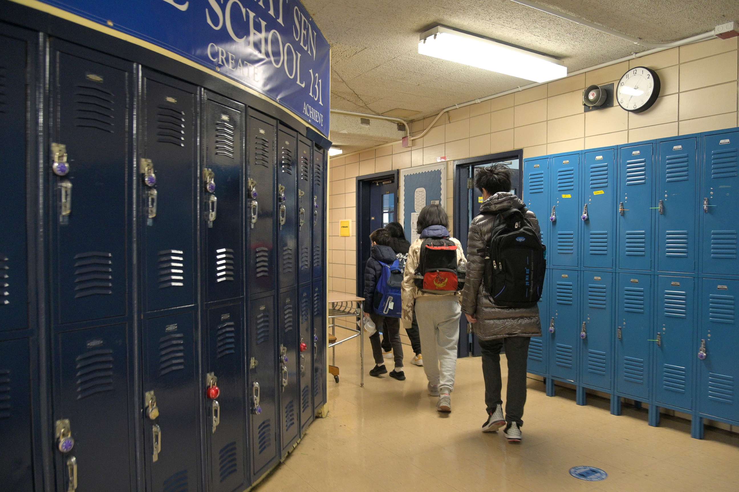 PHOTO: Students file into their classroom at Sun Yat Sen M.S. 131, Feb. 25, 2021, in New York.