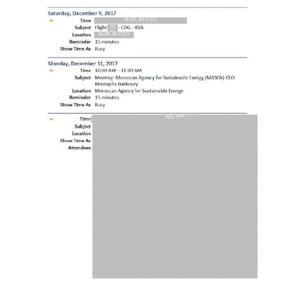 PHOTO: A page of EPA Administrator Scott Pruitt's schedule while traveling in Morocco, obtained by ABC News through a Freedom of Information Act Request.