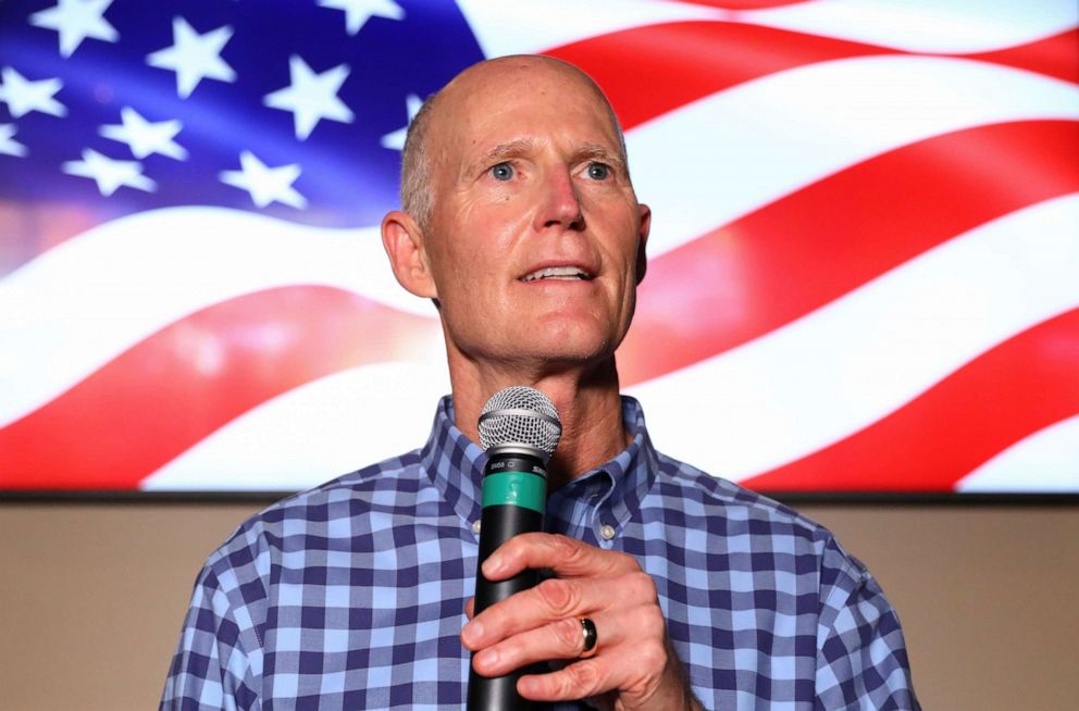 PHOTO: Senator Rick Scott speaks during a campaign event for senators David Perdue and Kelly Loeffler in Cumming, Ga., Nov. 13, 2020.