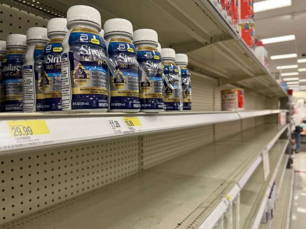 PHOTO: Bottles of Similac baby formula are seen at empty baby formula section shelves at a store due to shortage in the availability of baby formula, on May 17, 2022, in New Jersey.