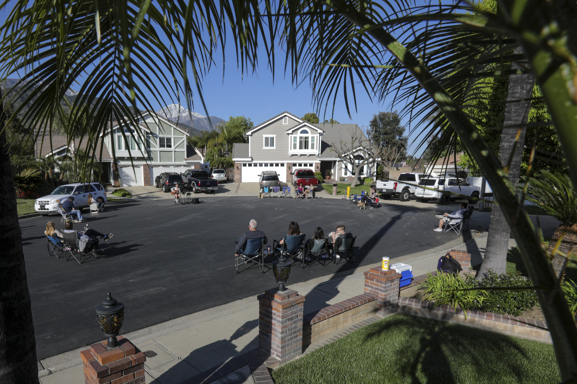 PHOTO: Neighbors living in a culdesac of Upland got together and hold Neighborhood Safe Social Distancing gathering on weekly basis to keep the mood upbeat in the midst coronavirus pandemic.