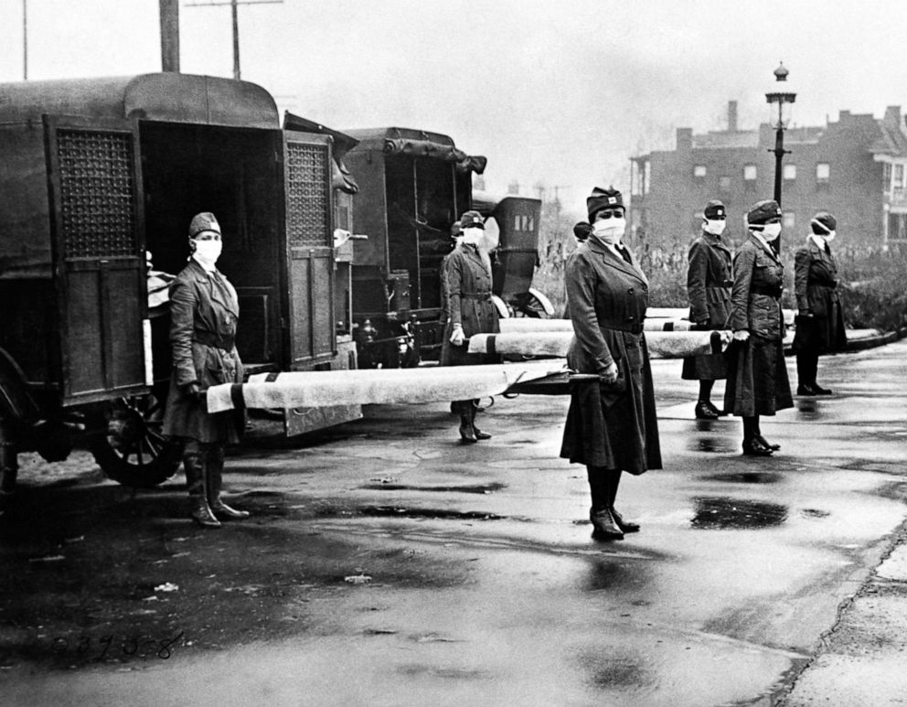 PHOTO: The St Louis Red Cross Motor Corps on duty with mask-wearing women holding stretchers at the backs of ambulances during the Influenza epidemic, St Louis, October, 1918.