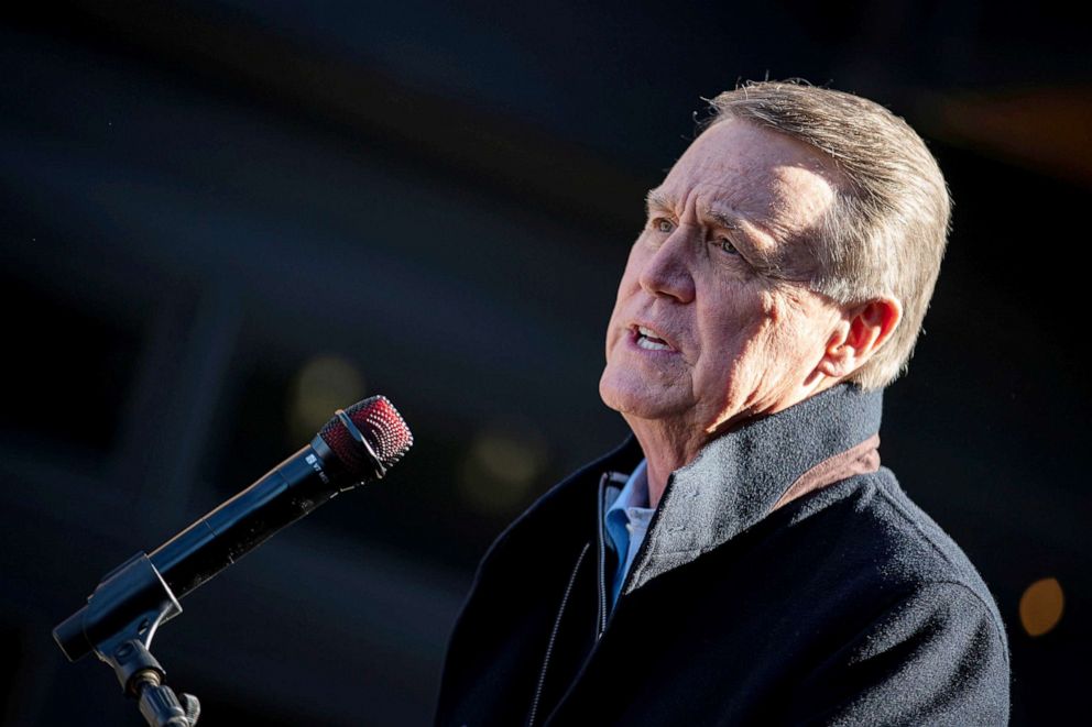 PHOTO: Sen. David Perdue speaks during a campaign event as he runs for reelection in Milton, Ga.,, Dec. 21, 2020.