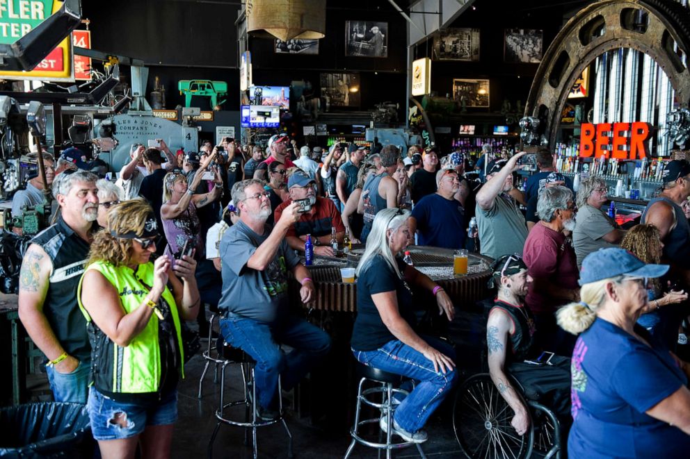 PHOTO: People watch a concert at the Full Throttle Saloon during the 80th Annual Sturgis Motorcycle Rally in Sturgis, South Dakota, Aug. 9, 2020.